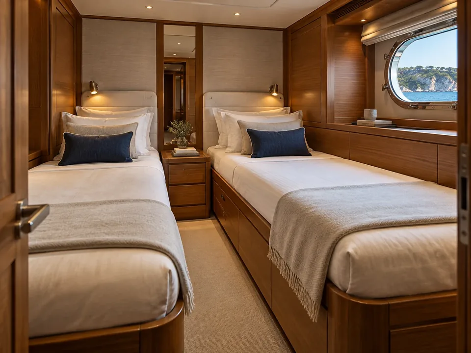 A twin guest cabin with two separate beds and teak joinery