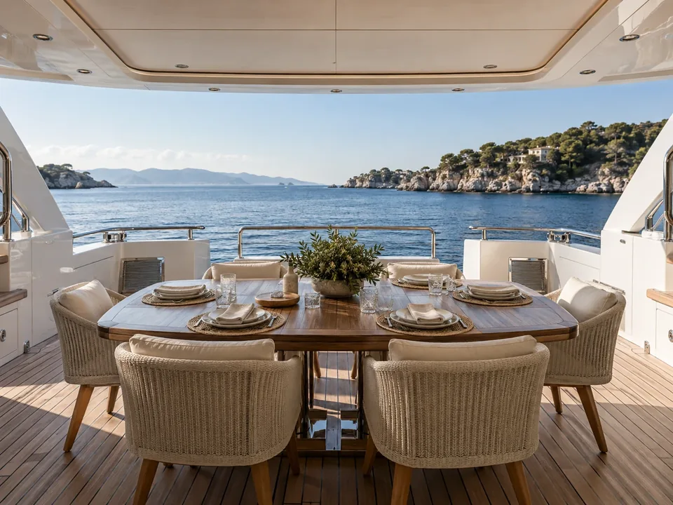 A shaded aft-deck dining area looking over calm blue water