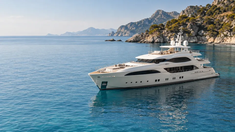 A crewed motor yacht at anchor beneath a rocky Mediterranean coastline