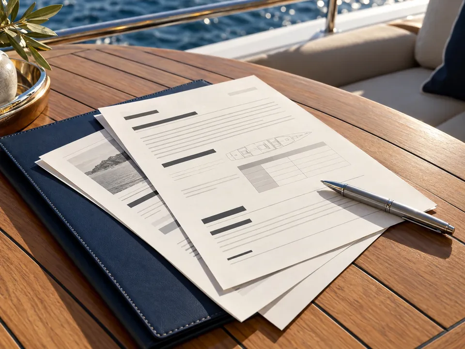 Redacted charter papers and a pen on a teak desk