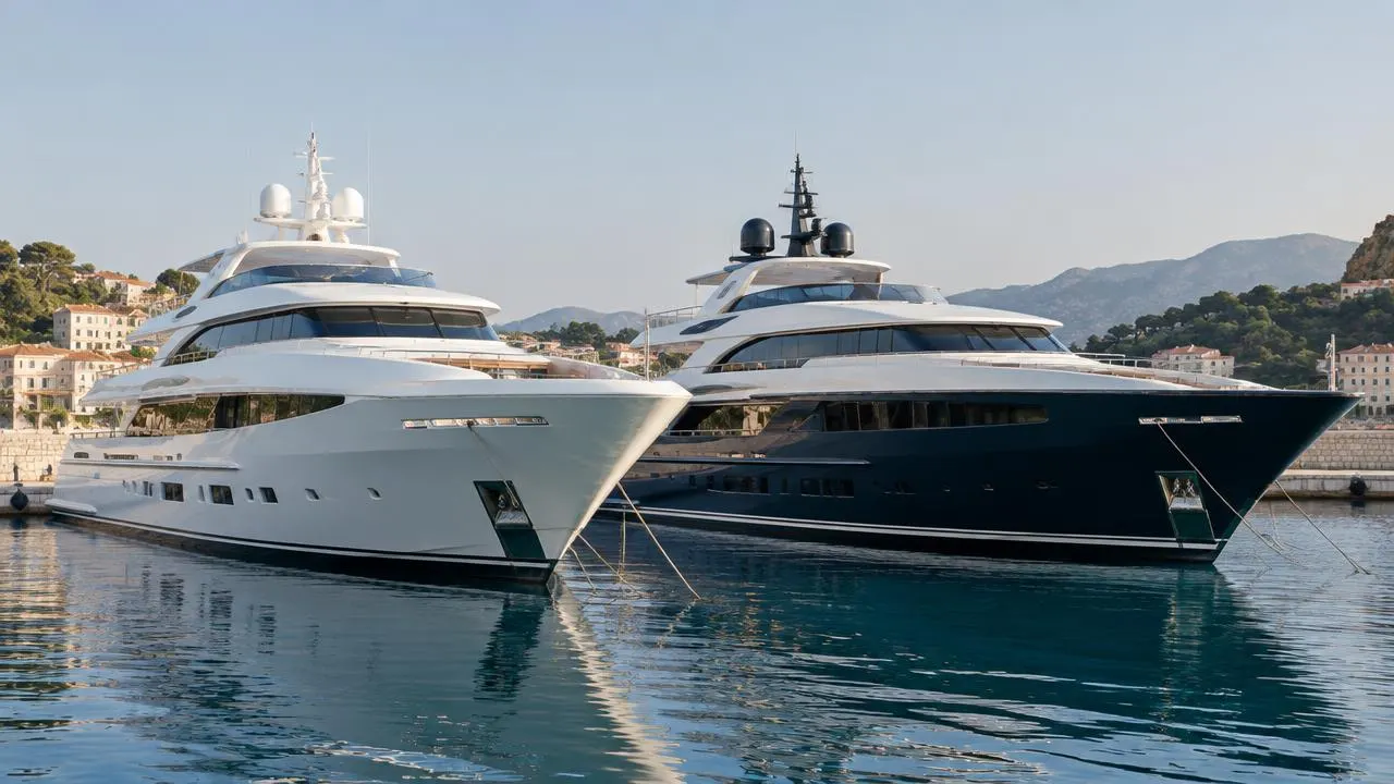 Two motor yachts moored side by side in a harbour