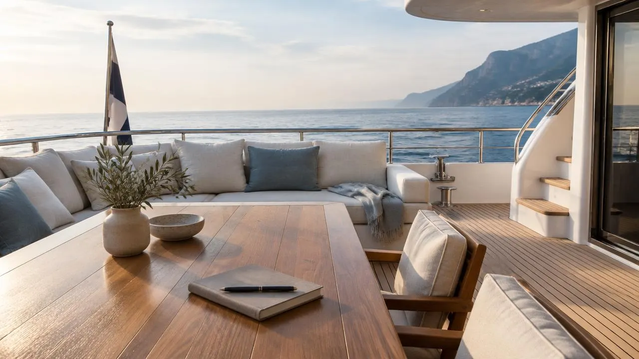Teak aft-deck table with a closed notebook, looking out to sea