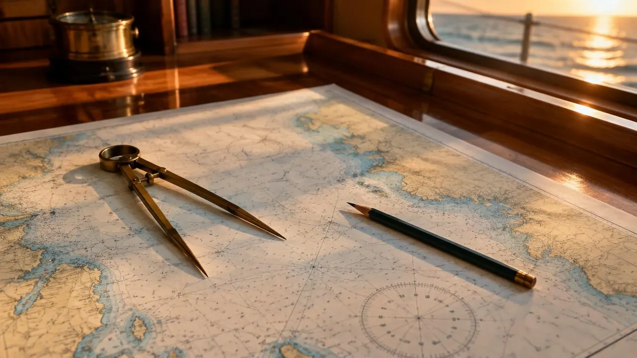 Nautical chart with brass dividers and a pencil on a chart table