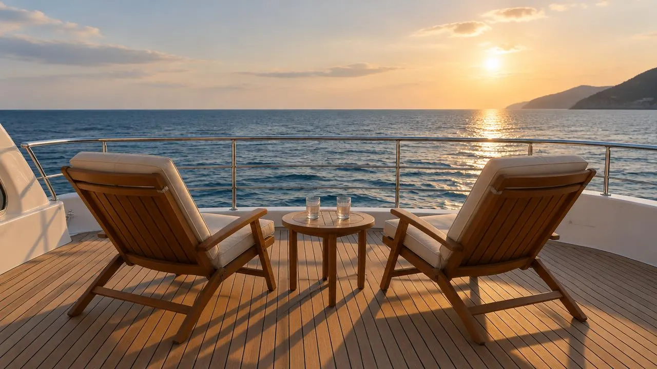 Two deck chairs facing the sea at sunset