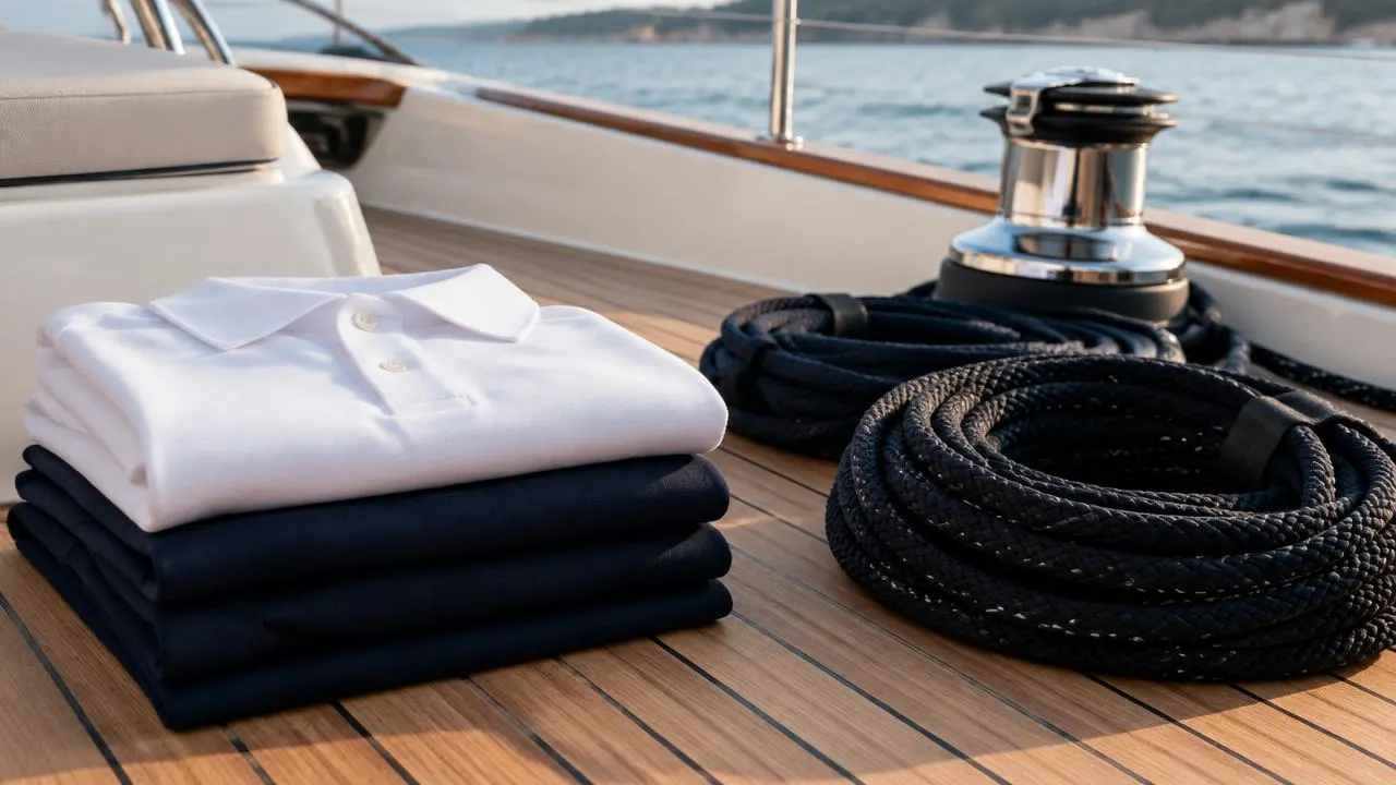 Folded crew uniforms beside coiled lines on a yacht deck