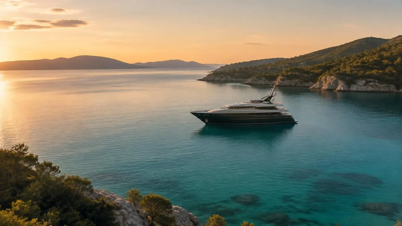 A superyacht at anchor in a calm turquoise bay at sunset