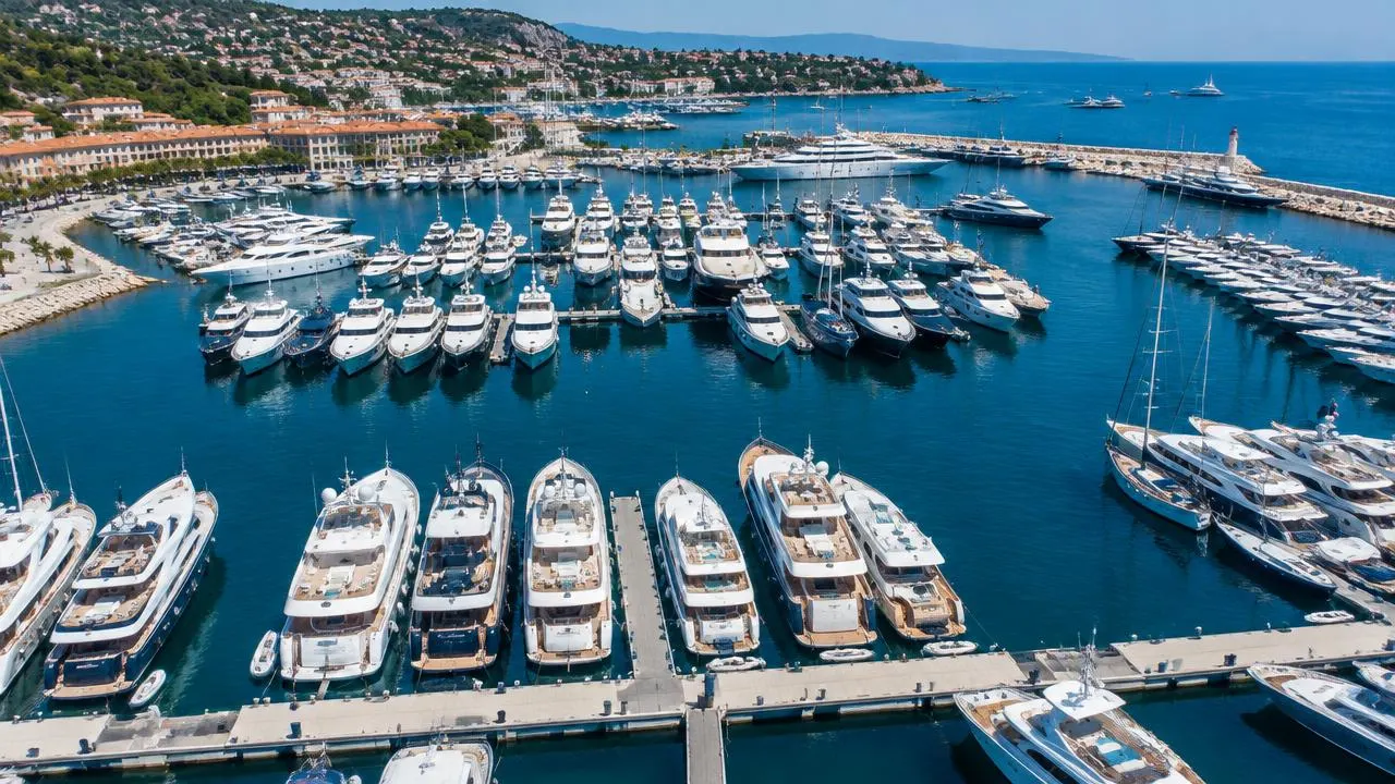 Aerial view of a marina full of large yachts