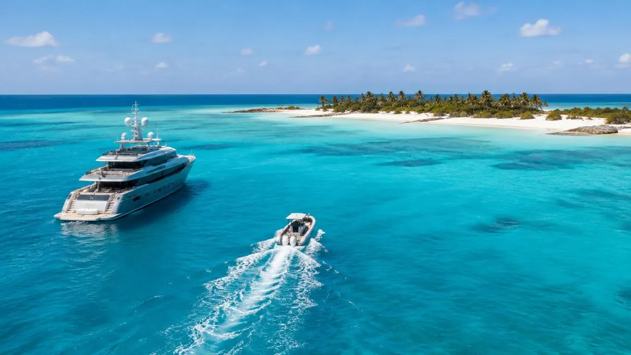 Yacht tender heading from a yacht towards a palm-lined island