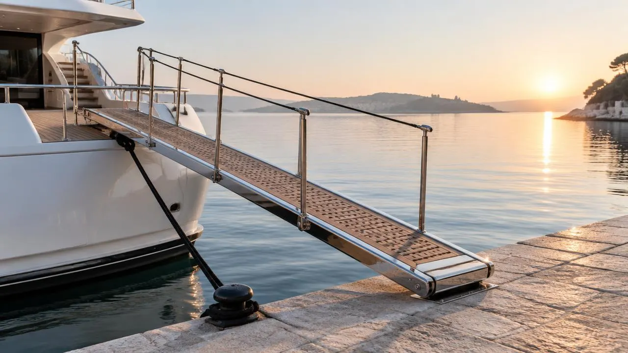 Yacht gangway lowered onto a stone quay at sunrise
