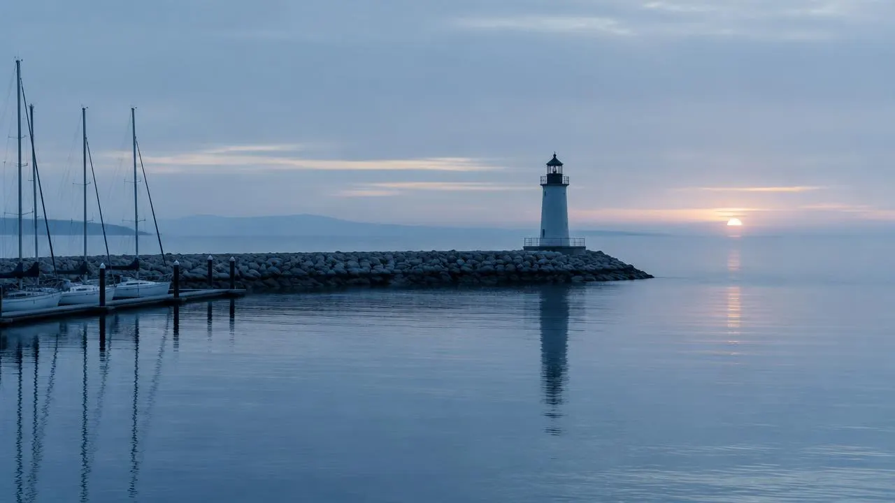 Harbour breakwater and lighthouse at dawn