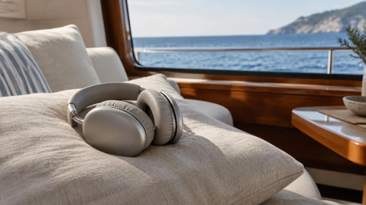 Headphones resting on a cushion beside a saloon window